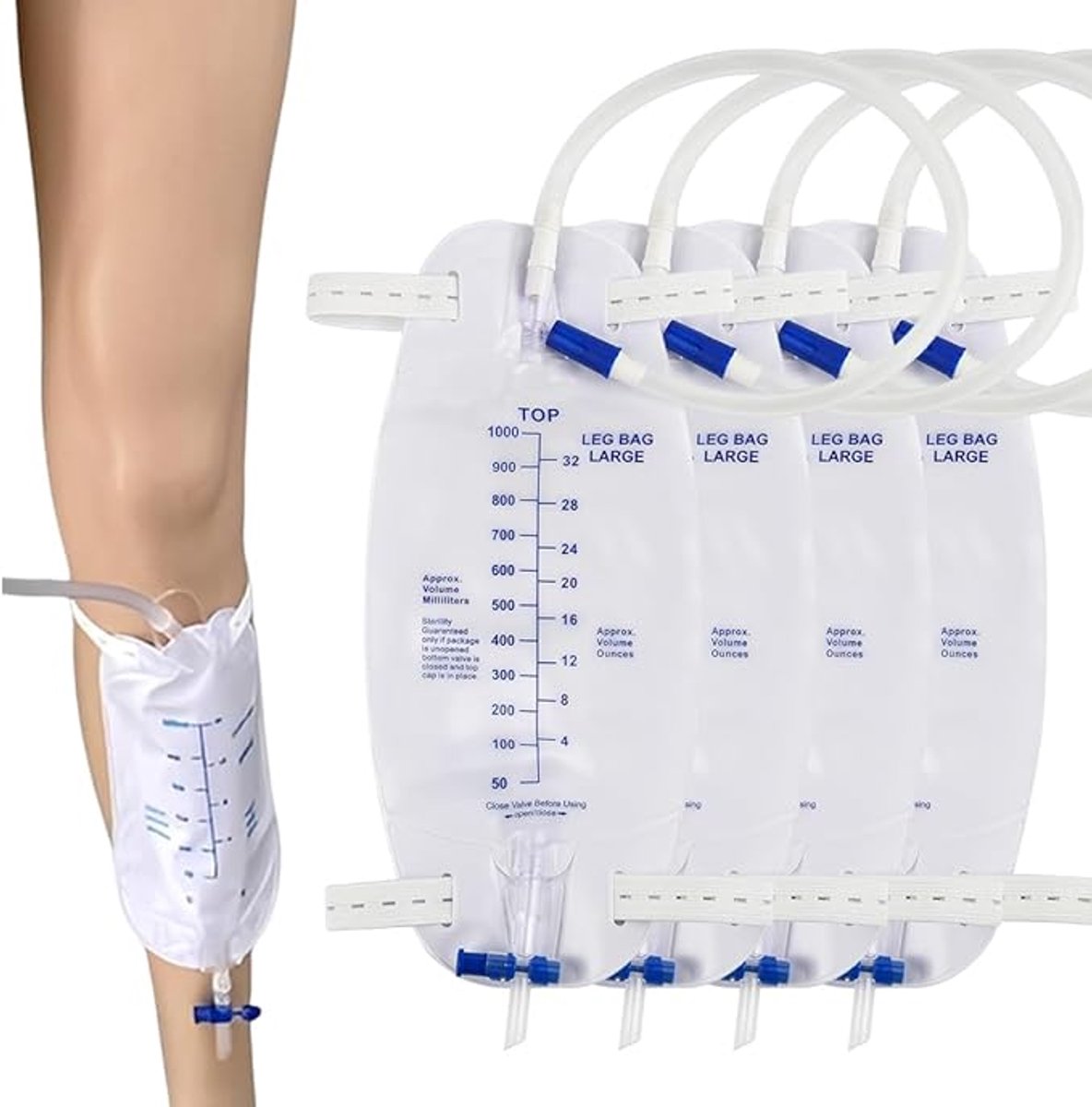 4 stuks urinezakken beenzakken 1000 ml, beenzakken urineafvoersystemen met 2 verstelbare riemen, ventiel & T-afvoer, hygiënisch & geurneutraal Ideaal