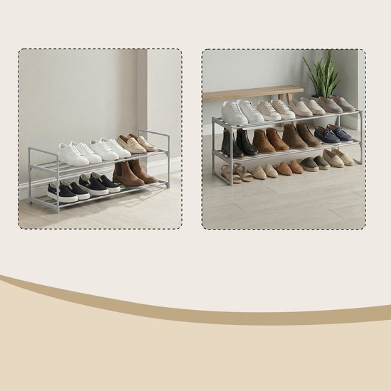 Twee opstellingen van een grijs, twee-laags schoenenrek, de ene gevuld met schoenen en de andere met diverse schoenen en laarzen.