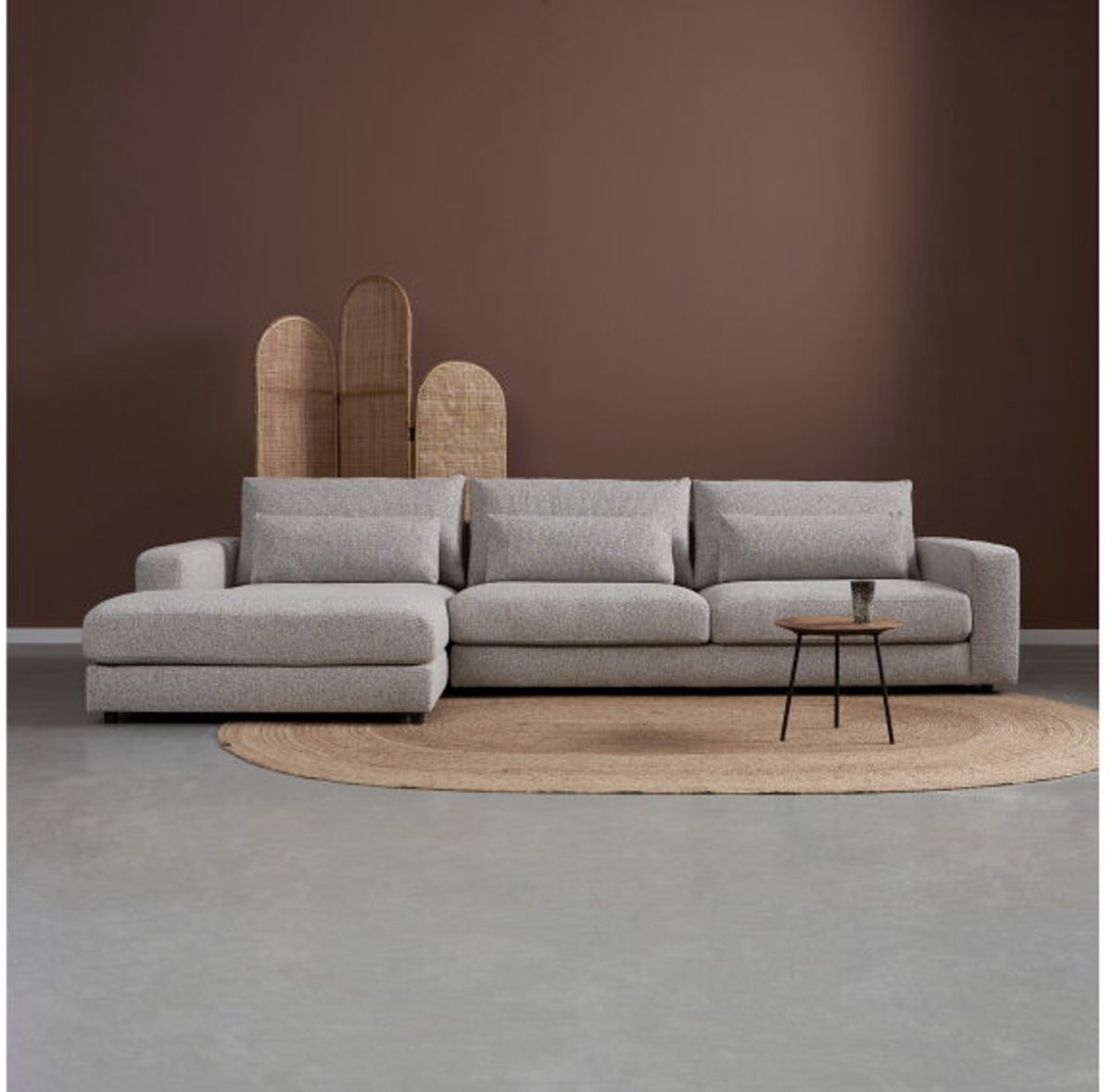 PEPP Interiors COMO hoekbank met rechte chaise longue links - chenille Silencio 19 donker beige - 332x167x85 cm