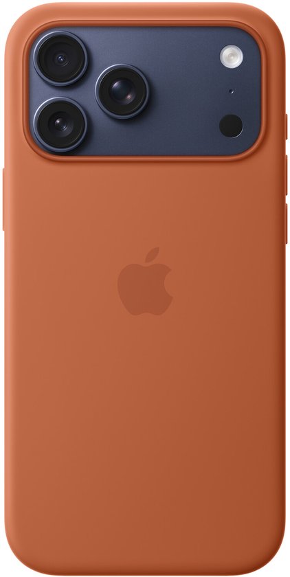Coque terracotta pour iPhone 17 Pro Max avec îlot caméra bleu.