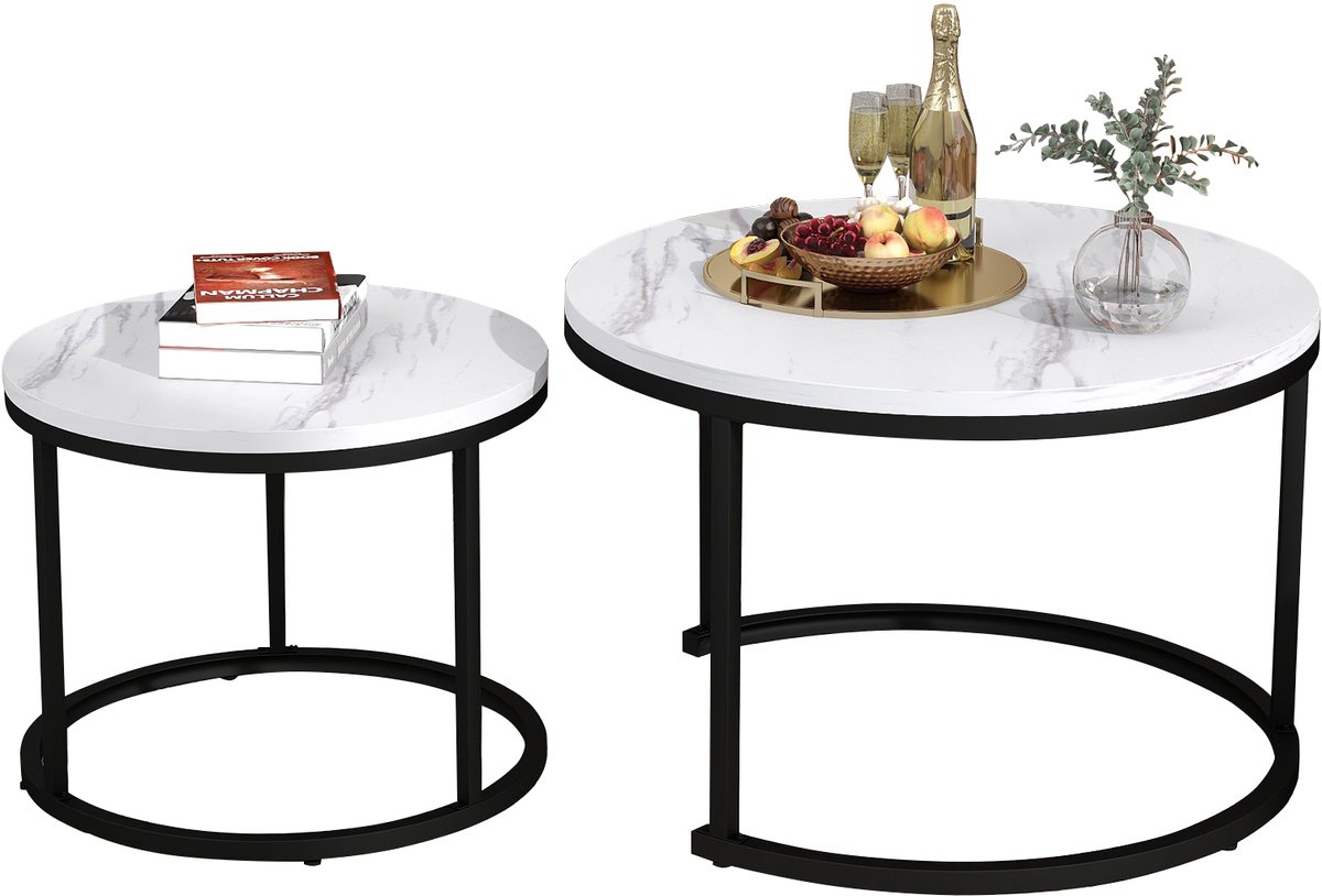 YYchan Salontafel - Ronde Koffietafels Set van 2 - Nesting Tables - Houtlook - 60 & 40 cm - Zwart