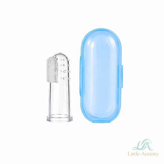 Little Aminty Baby tandenborstel – Vingertandenborstel van zachte siliconen – 0-24 maanden – Blauw (verpakking)