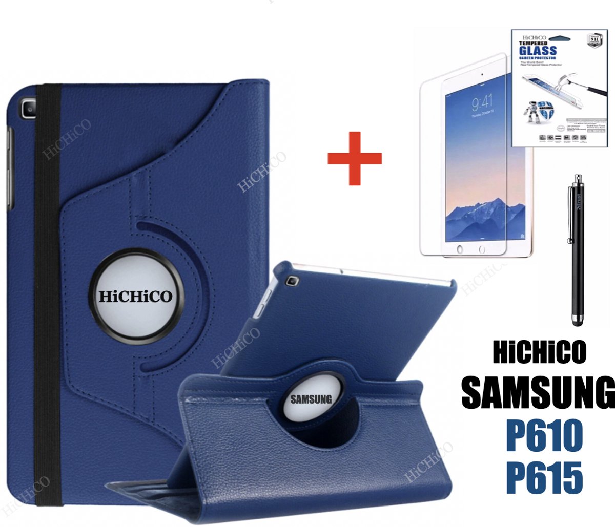 Geschikt voor: Samsung Galaxy Tab S6 Lite 10.4” (SM-P610 / SM-P615), HiCHiCO Tablet Hoes met Stylus Pen, draaistand Cover Tablet hoesje, Magnetische Stand Case Leather Flip Cover Tablet Case smart Cover Donker Bluaw + Tempered Glass screen protector