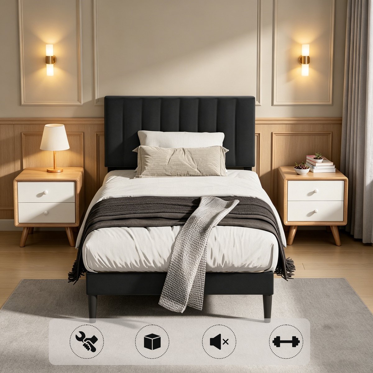 KUTAS Eenpersoonsbed met Gestoffeerd Hoofdbord - Metalen Bedframe - 90x200 cm - Platform Bedframe met Houten Latten - Modern & Stevig - Zwart - Draagkracht 260 kg