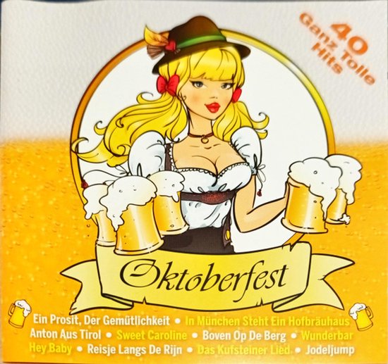 Een blond meisje met rode strikken in haar haar, in lederhosen, met vier mokken bier.