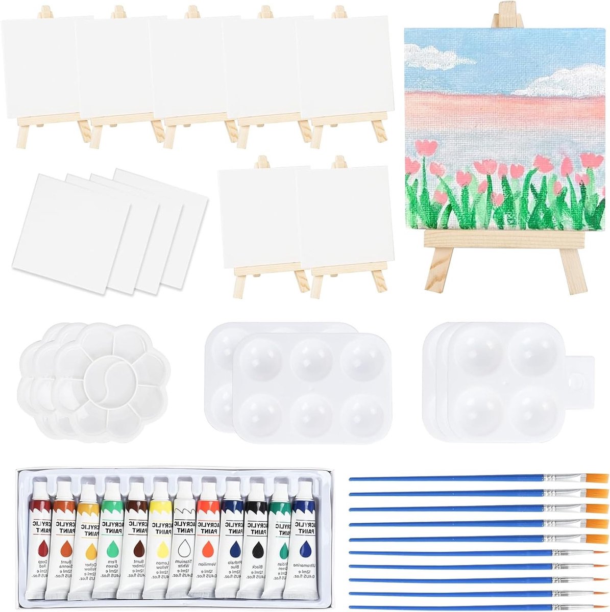 Mini Canvas Set met Verstelbare Easel - 50 Stuks 10x10 cm, Inclusief Kwasten, Paletten en Acrylverf voor Schilderen