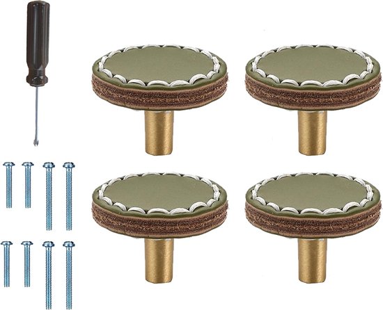 Set van vier ronde groene knoppen met leren afwerking en gouden schroefdraad, inclusief schroeven en schroevendraaier.