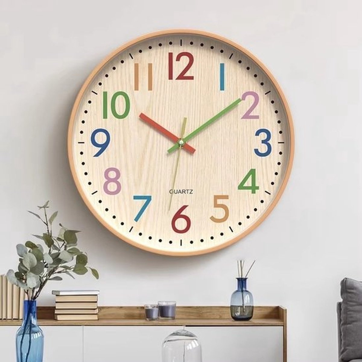 Kinderwandklok, stil en zonder tikgeluid, gemakkelijk af te lezen, moderne wandklok, kleurrijke decoratieve ronde klok voor woonkamer, slaapkamer, kantoor, schoollokaal, 30 cm