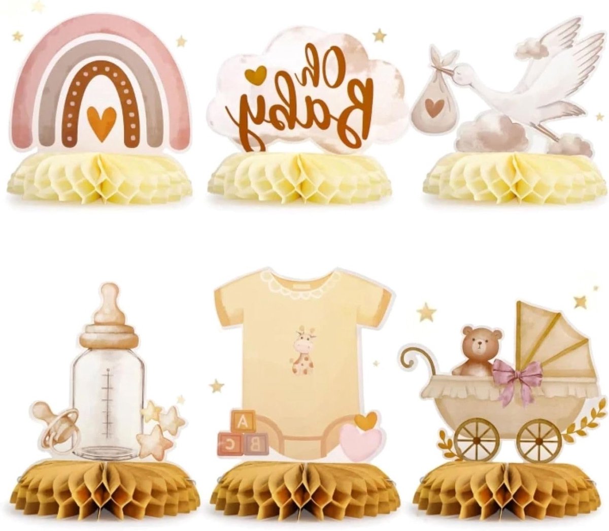Feestelijke Tafeldecoratie voor Babyshower, 6 Delige Set met Ooievaar, Fles, Kinderwagen en Romper, Perfect voor Geboorte en Babyfeestjes