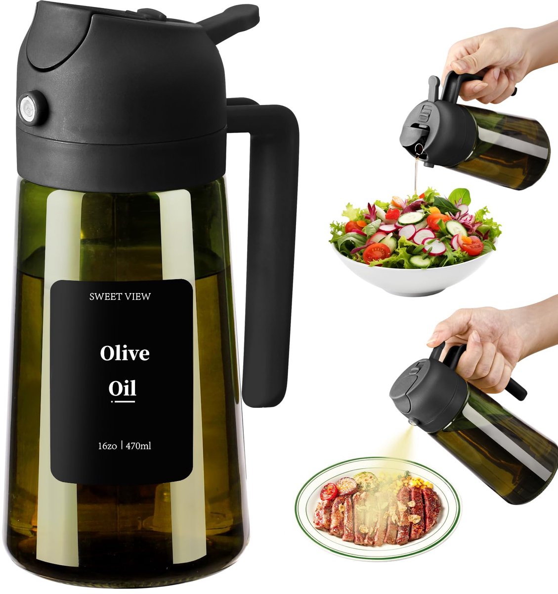 Olijfolie Sprayer - Glas - Olijfolie Fles Verstuiver voor Keuken - Oliefles - Olie Pomp Bakspray - Handmatig spuiten of gieten - Buiten bereik van licht bewaren - voor airfryer, koken, salade en BBQ-470 ML - zwart