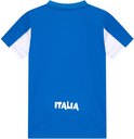 Achterkant van een blauw voetbalshirt met witte accenten op de mouwen en 'ITALIA' in het wit.