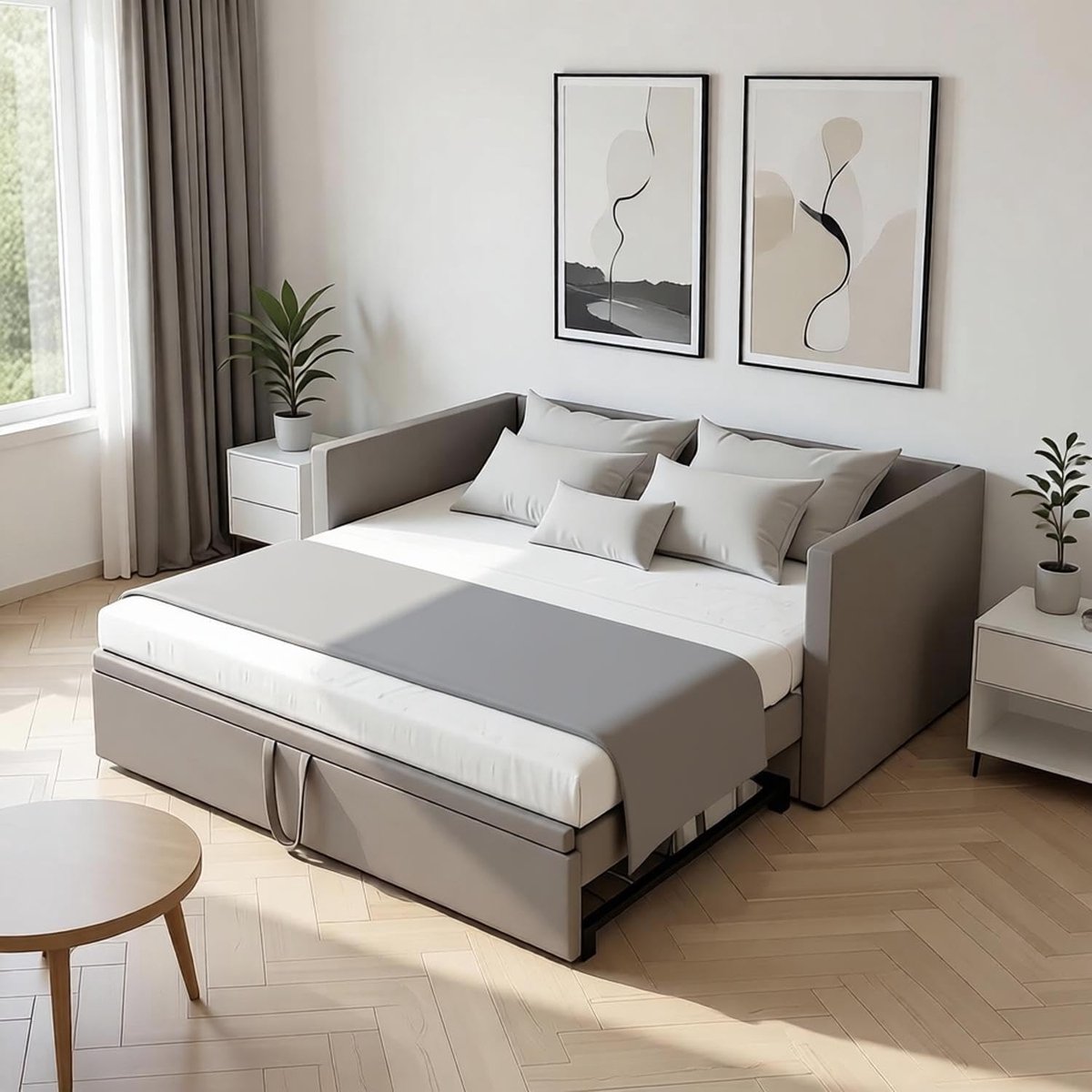 Uittrekbare slaapbank 90/180x200 cm – Gewatteerd fluwelen dagbed met uitschuifbaar tweepersoonsbed, lattenbodem, rugleuning en armleuningen – ruimtebesparend logeerbed – Grijs | Laura