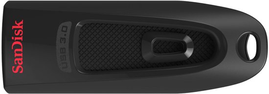 Zwarte SanDisk Cruzer Ultra USB 3.0 stick van 32GB, van bovenaf gezien, met gestructureerd grip-gedeelte en sleutelhangergat.