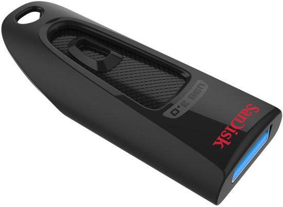 Zwarte SanDisk USB 3.0 stick met een rubberen grip en rode logo.