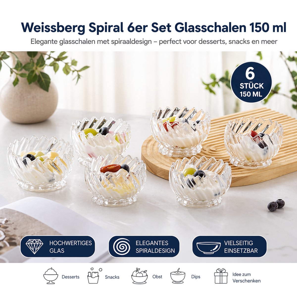 Weissberg Spiral Glazen Schaaltjes Set – 6 Stuks – 150 ml – Snackschalen - Dessertkommen – Transparant Glas – Snacks & Dips