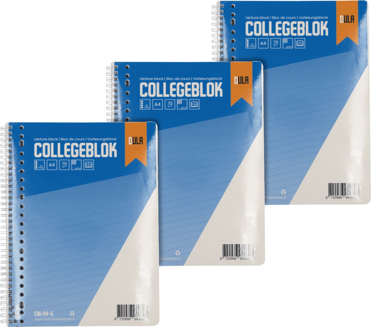 Collegeblok A4 formaat met lijn 160 vel - Spiraalblok gelinieerd - 70 grams papier schrijfblok - 3 stuks - DULA