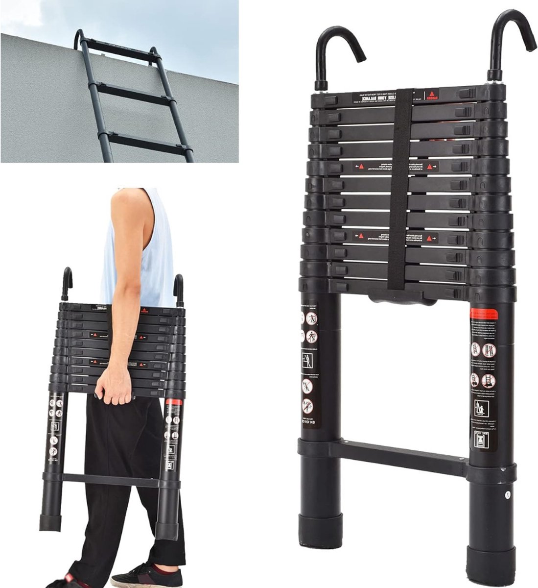 RUX® Huishoudtrap 12 Treden - Keukentrapje Basic Opvouwbaar – Keukentrap Met Balanceerstang – Telescopische Trapladder - Opstapje – Uittrekbare Vouwladder – Ladders – Keukentrap - Zwart - 49 cm x 13 cm x 380 cm
