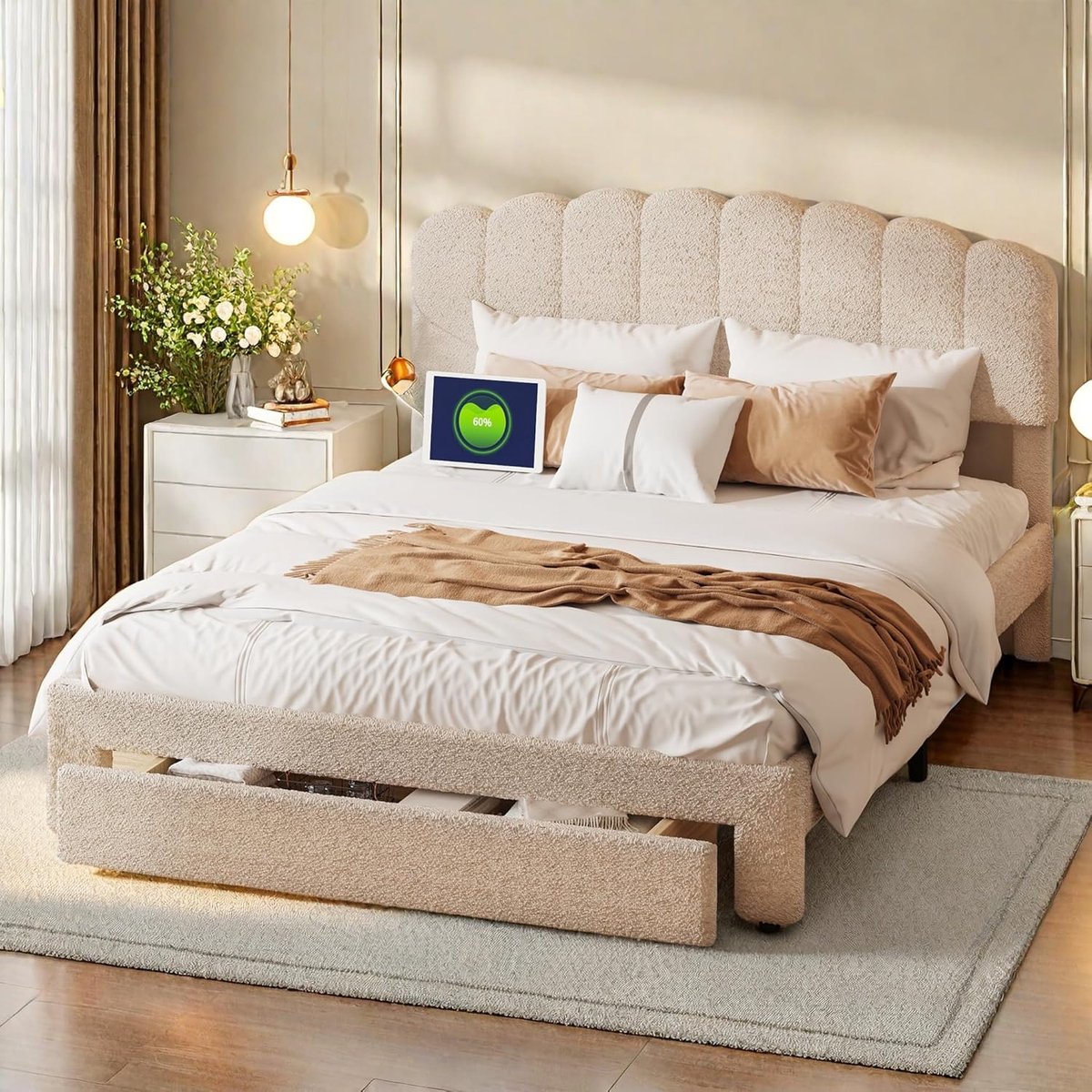 Teddy Boxspring Bedframe met Opberglades - Beige - 140x200 cm - Arqam