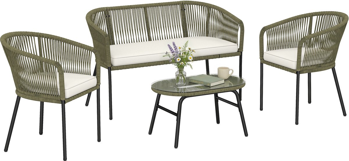 Outsunny Rattan Sofa Set - Polypropyleen Touwen, Staal - 122 x 59 x 75 cm - Crème