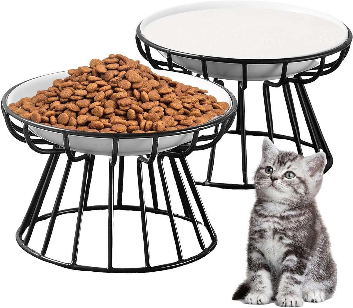 Dubbele keramische kattenkommen set van 2, antislip ontwerp, hoogwaardig voer voor katten en kleine honden, wit en duurzaam