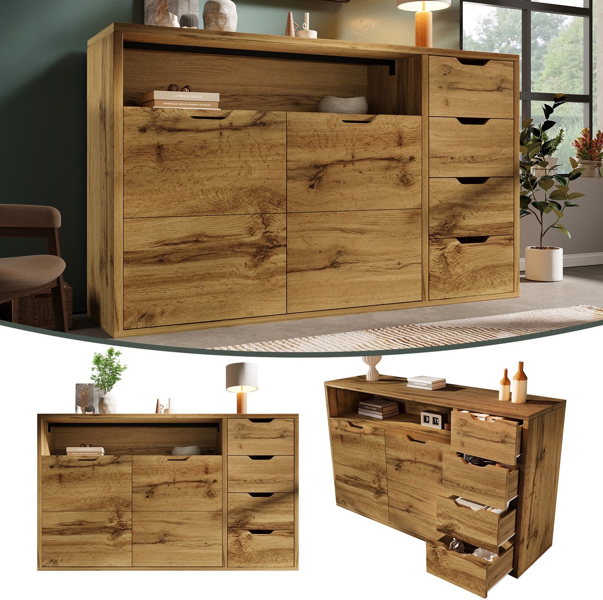 Commode/dressoir 150x40x90 cm in eikenlook met open vak, 2 deuren, 4 laden, in hoogte verstelbare planken, soft-close metalen scharnieren en anti-kantelvoorziening, opbergmeubel voor woonkamer en hal
