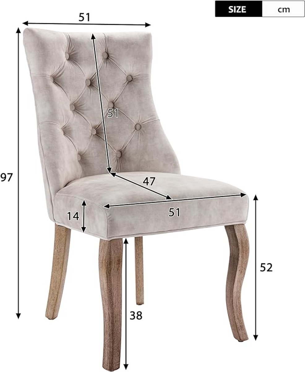 Eetkamerstoelen Set van 2 47x51x97 cm Fluweel Beige met Hoge Rugleuning en Knoopstiksel – Luxe Gestoffeerde 4-Voet Eetkamerstoel met Massief Rubberhouten Frame - Laura