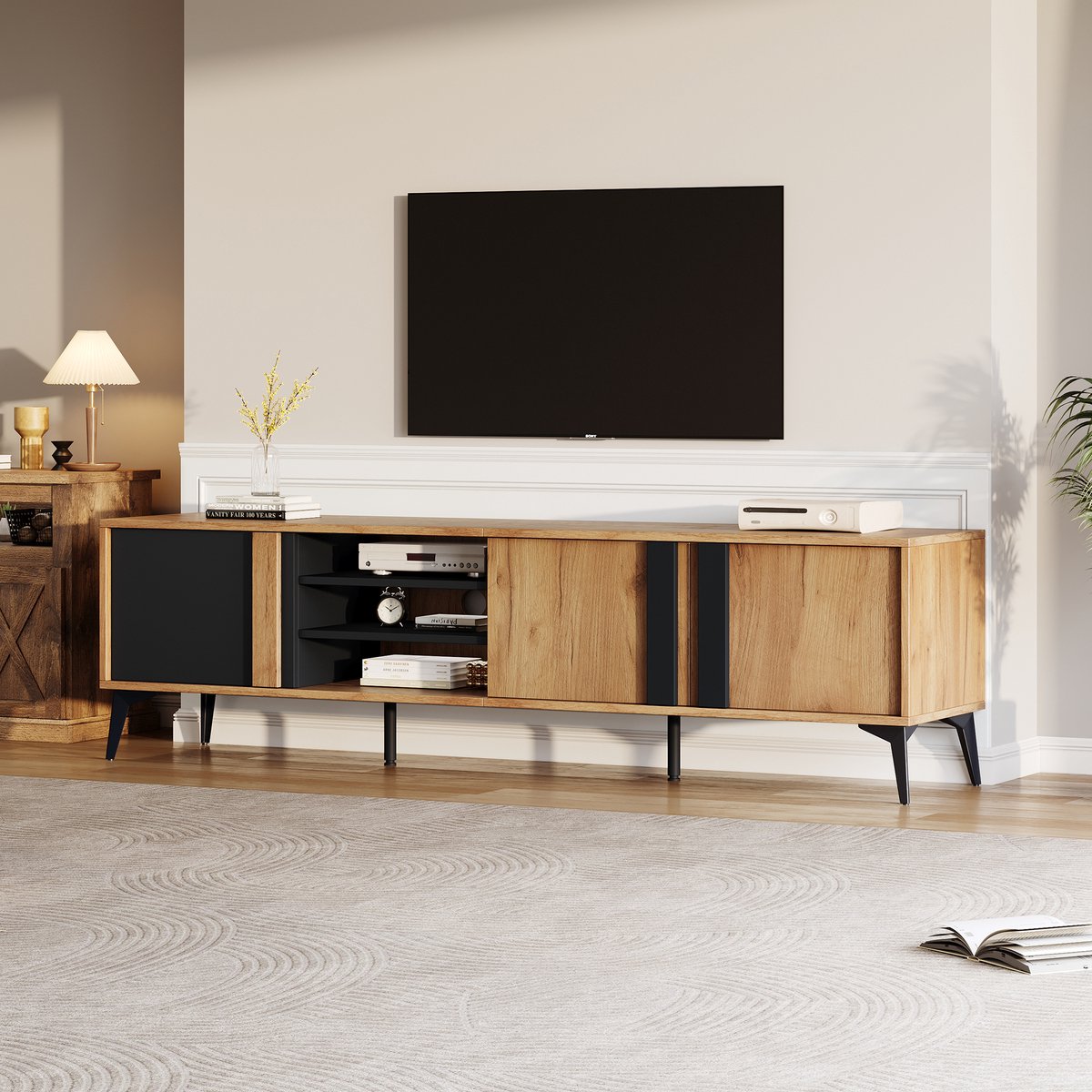 TV meubel 180 cm - lowboard voor grote tv - 3 deuren en 4 open vakken - kabelmanagement - krasbestendige houtlook - rustiek bruin zwart