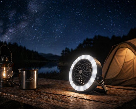2-in-1 Campinglamp met Ventilator Draagbaar LED Wit Licht Tentventilator Op Batterij 3xAA