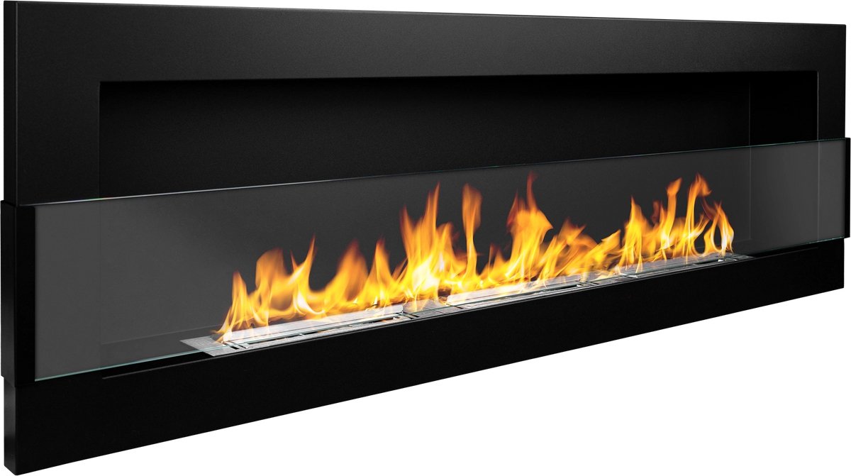 Bio-ethanol haard wand 1200x400 zwart mat met glas - grote moderne wandhaard zonder schoorsteen
