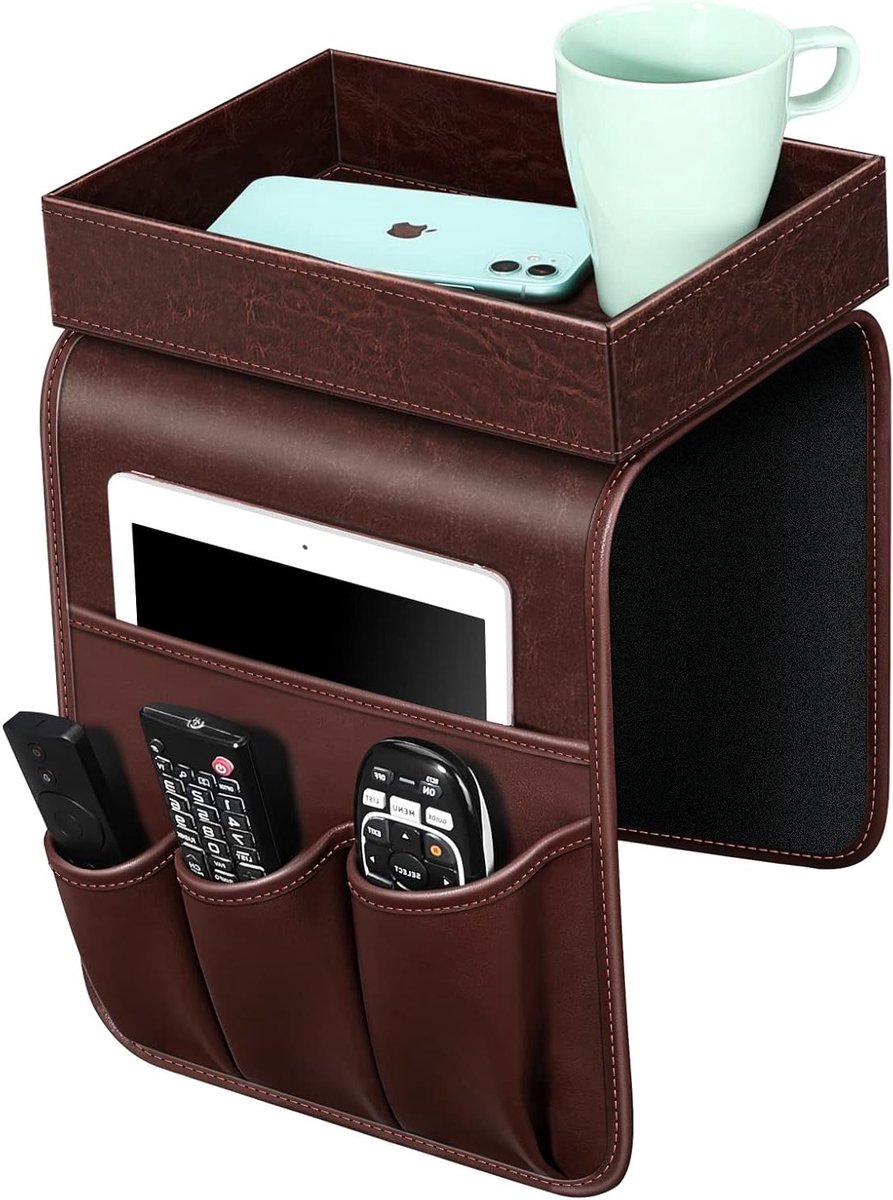 Sofa Remote Control Houder met Afneembare Lade - PU Leer Armleuning Organizer met 5 Vakken voor Tijdschriften, Telefoon en TV Afstandsbediening