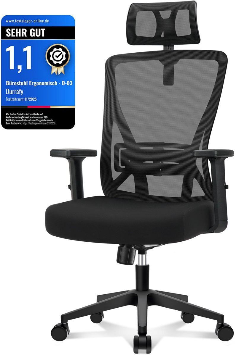 Durrafy Bureaustoel - Ergonomische Bureaustoel - Bureaustoelen voor Volwassenen- Verstelbare Hoofdsteun - Rugleuning & Armleuningen Verstelbaar - Ademend Mesh - Stille Wielen - Zwart