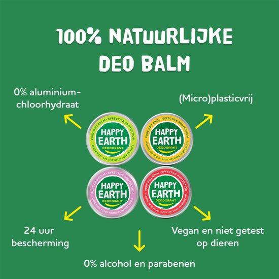 Happy Earth 100% Natuurlijke Deo Balm: 4 blikken, 0% aluminium, 24u bescherming, vegan.