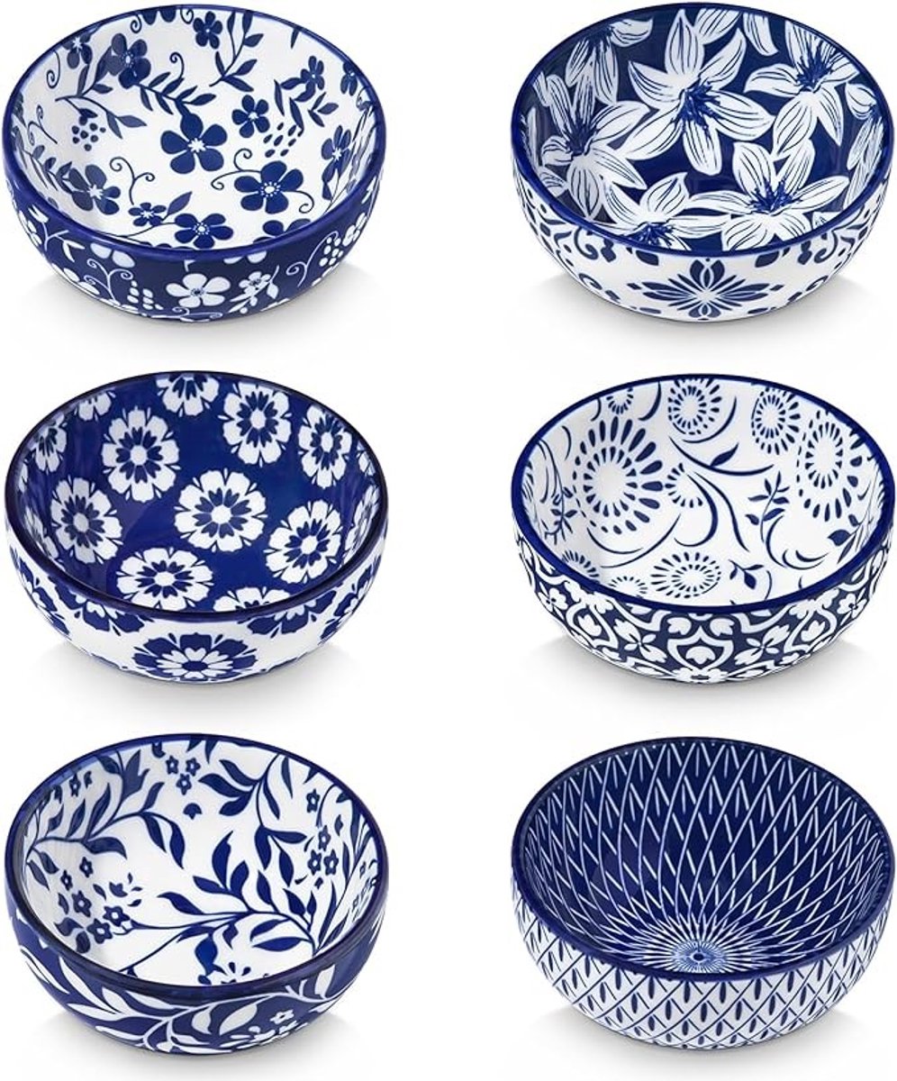Set van 6 kleine keramische schaaltjes met bloemenpatroon, 80 ml, voor dips en sauzen
