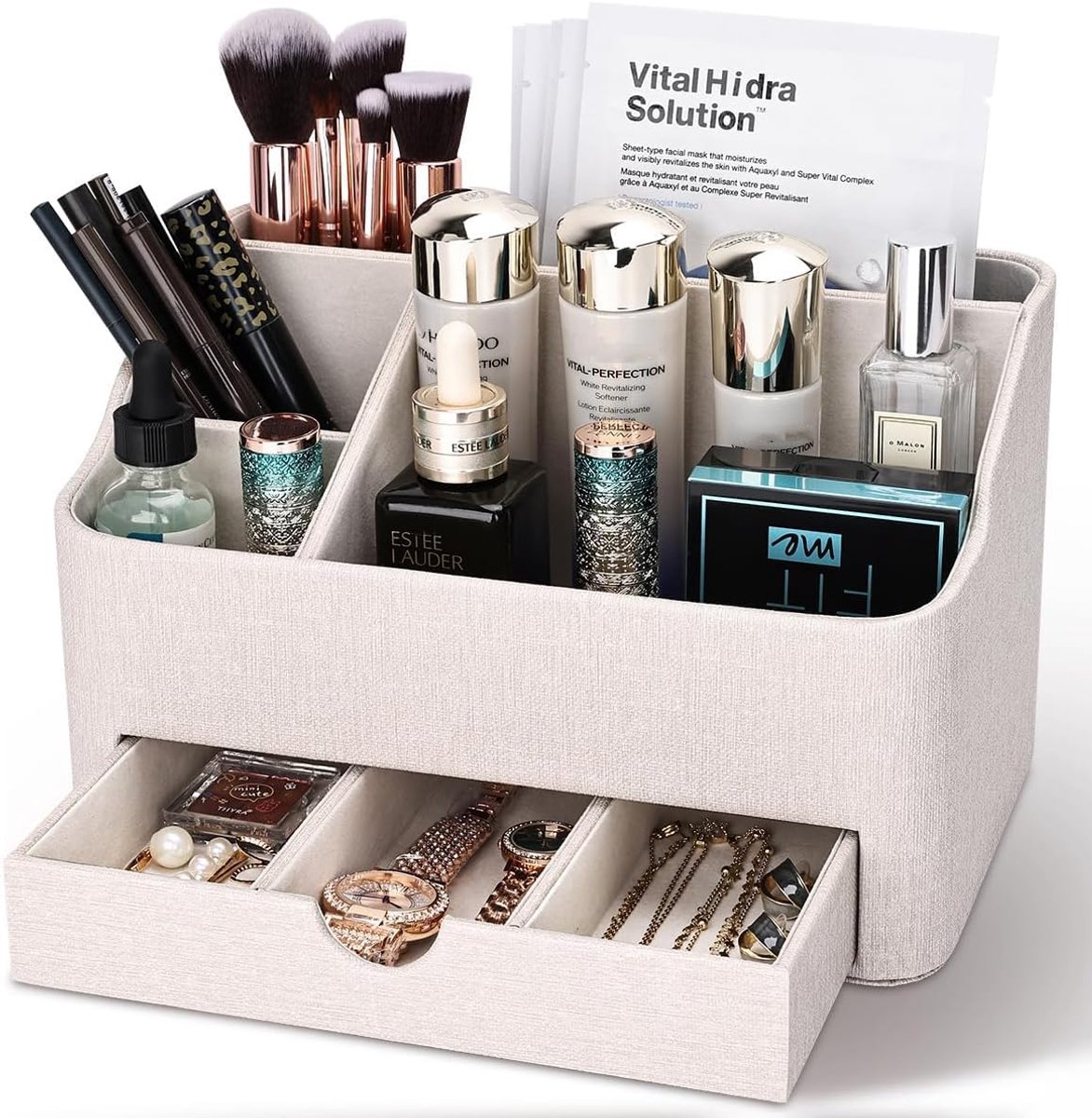 Makeup Cosmetic Organizer - PU Leather Makeup Organizer with Drawer - Skincare Organizer voor Dressing Table - Moederdag Cadeau - Verjaardagscadeau voor Moeder en Vrouwen (Beige)
