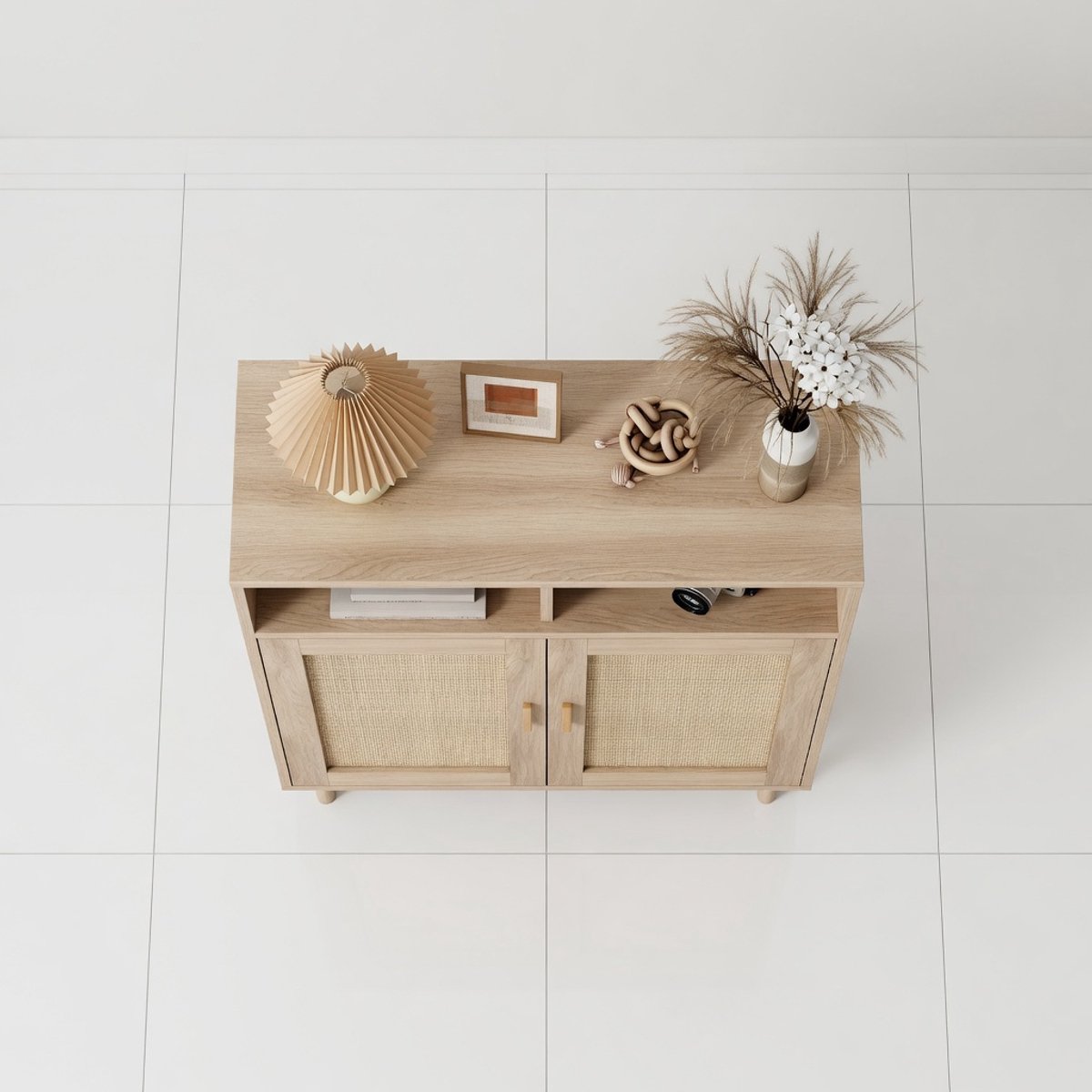 Rotan Dressoir Kast 80 cm – Moderne Buffetkast / Opbergkast met 2 Deuren en 2 Open Vakken – Houten Commode in Naturel Design – TV-Meubel, Koffiebar of Woonkamerkast – Mobili Bella