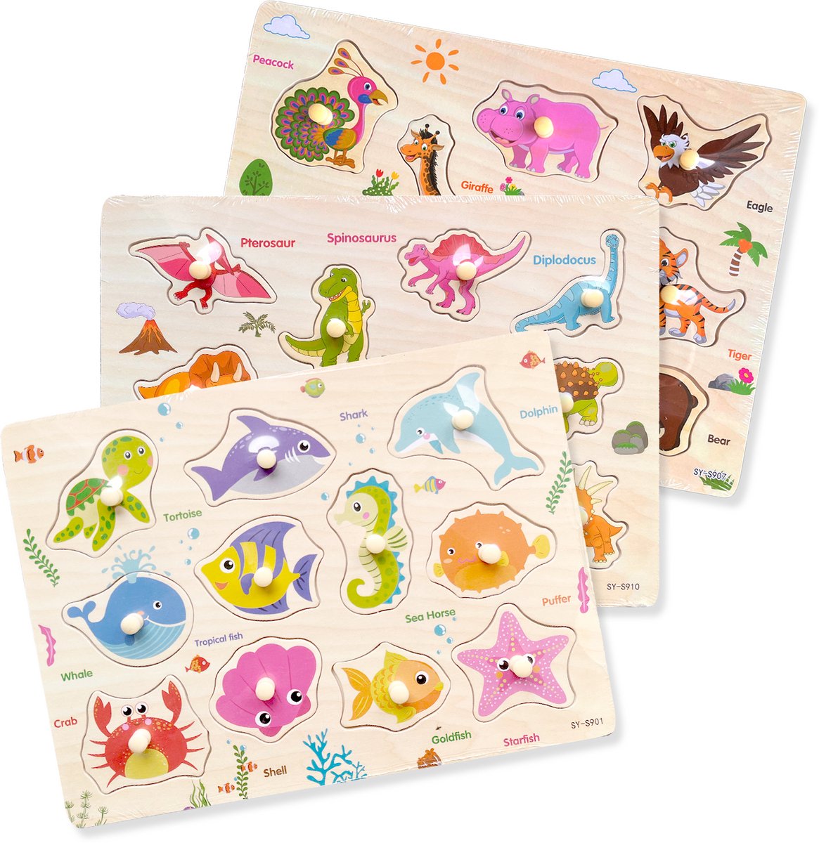 AE Educational - Houten Knoppuzzel Set 3 Stuks – Dieren, Dino & Zeedieren – 30x20 cm – Educatief Speelgoed Peuter 2 3 4 Jaar