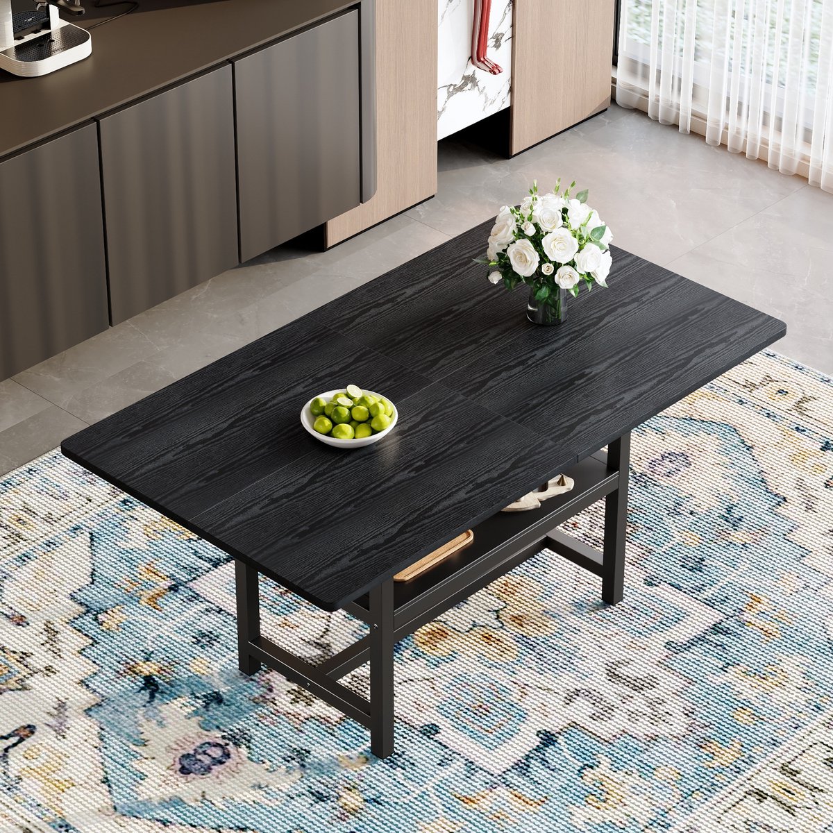 PHOEBE CAT Eettafel - Houtlook - Opbergplank - Geschikt voor 4 tot 6 personen - Metalen poten - Zwart