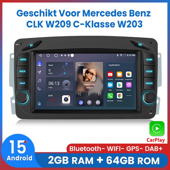 Awesafe Autoradio - Geschikt Voor Mercedes Benz CLK W209 1998 t/m 2004 C-Klasse W203 2000 t/m 2004 - 7 inch IPS Scherm - Draadloos Apple CarPlay & Android Auto - Android 15.0 System - Ram 2GB + Rom 64GB - GPS Navigatie Bluetooth WIFI - Radio Scherm