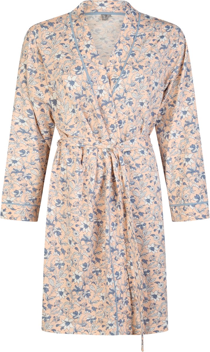 By Louise Dames Kimono Ochtendjas Katoen Soft Orange/Blauw Gebloemd - Maat S