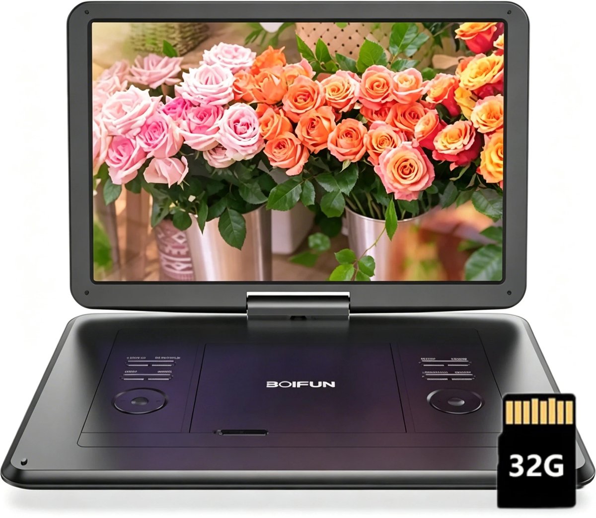 Boifun 17,5" draagbare dvd-speler met 15,6" groot HD-scherm, 6 uur oplaadbare batterij, ondersteuning voor USB/SD-kaart/Sync TV en meerdere schijfformaten, luidspreker met hoog volume, met 32GB Karrt