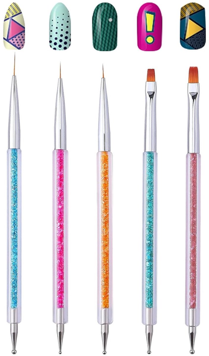 OLOEY Nagelkunstpenselen - Set met dubbelzijdig penseel en stippeltool - Elegante nagelpennenset met glanzende handvatten - Gebruiksvriendelijke professionele liner tools (5 stuks)