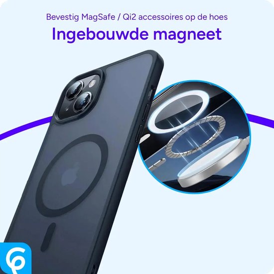 Donkerblauwe iPhone 13 hoes met magnetische ring voor MagSafe, naast een close-up van de magnetische ring.