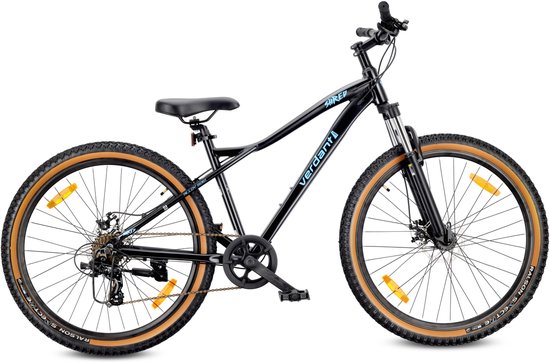 Zwarte dames- en herenmountainbike van 27,5 inch met bruine banden en 'Verdant' in blauw op het frame.