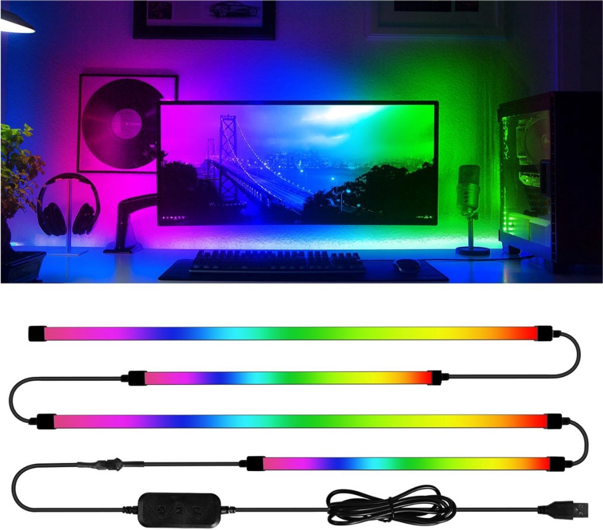 HEZIVO® Gaming Lamp - Gamoing Monitor Verlichting - LED Sfeerverlichting Bureau - Achtergrondverlichting - 4 Zijden