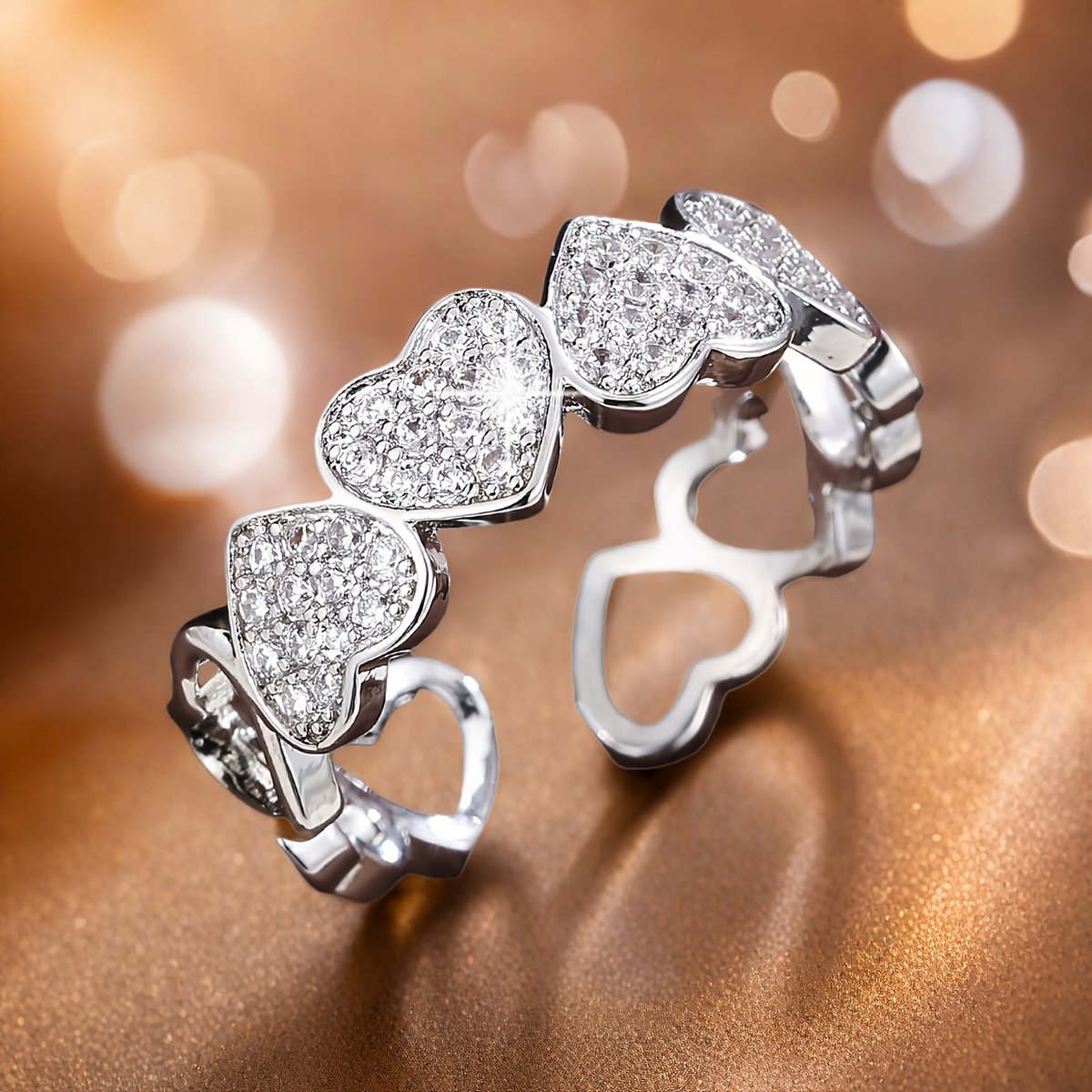 Sjika - Zilveren Hartjes Ring Dames – Verstelbare Ring met Zirkonia – Romantisch Sieraad – Cadeau voor Haar
