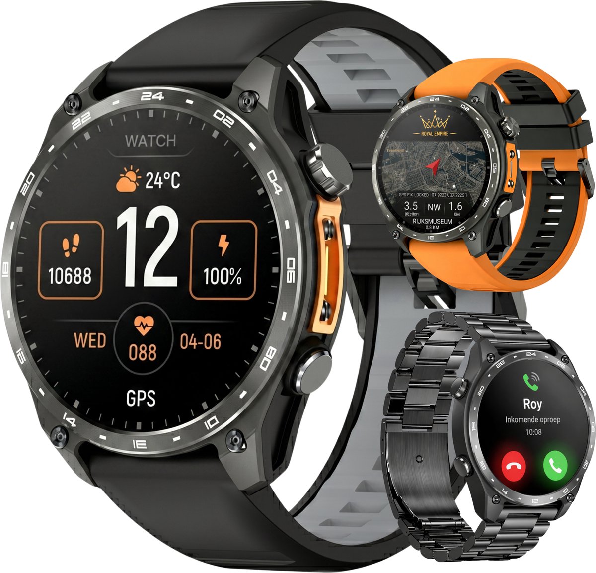 Royal Empire HD Pro GPS Smartwatch Heren - AMOLED Smartwatch met Ingebouwde GPS & Belfunctie - 100+ Sportmodi, Kompas & Zaklamp - Hartslagmeter, Slaapmonitor & SpO2 Meter - Inclusief 3 Bandjes - 1.43 Inch - Zwart