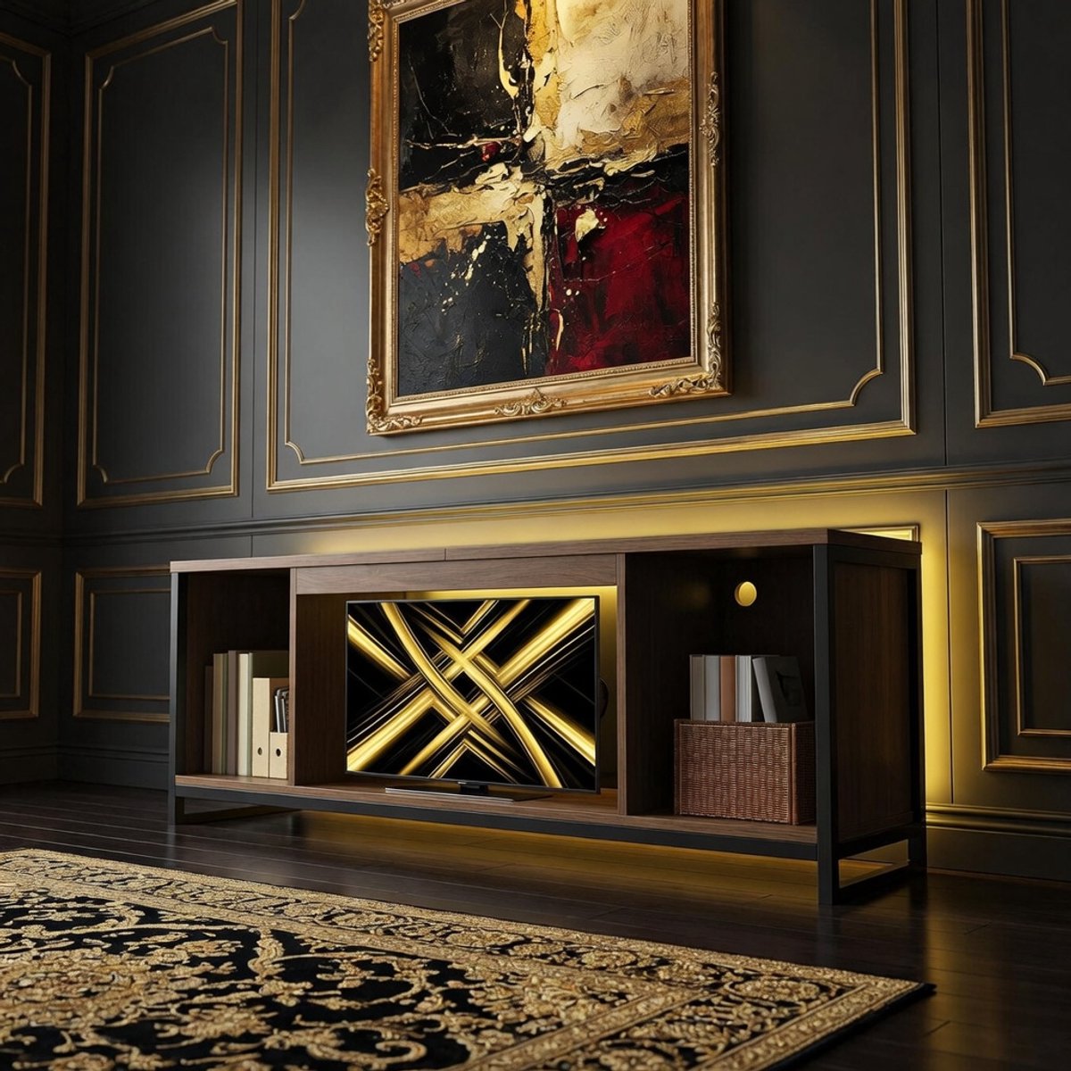 Industrieel TV Meubel 160 cm met LED Verlichting & Stopcontacten – TV Kast met USB & AC Aansluitingen voor 70 inch – Entertainment Center met Open Vakken – Rustiek Bruin – Mobili Bella