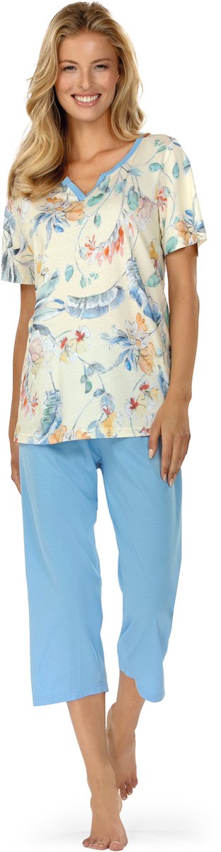 Comtessa Ascafa Capri Pyjama 'Painted Flowers' - Dames Nachtmode - Korte Mouw - Katoen/Modal Blauw