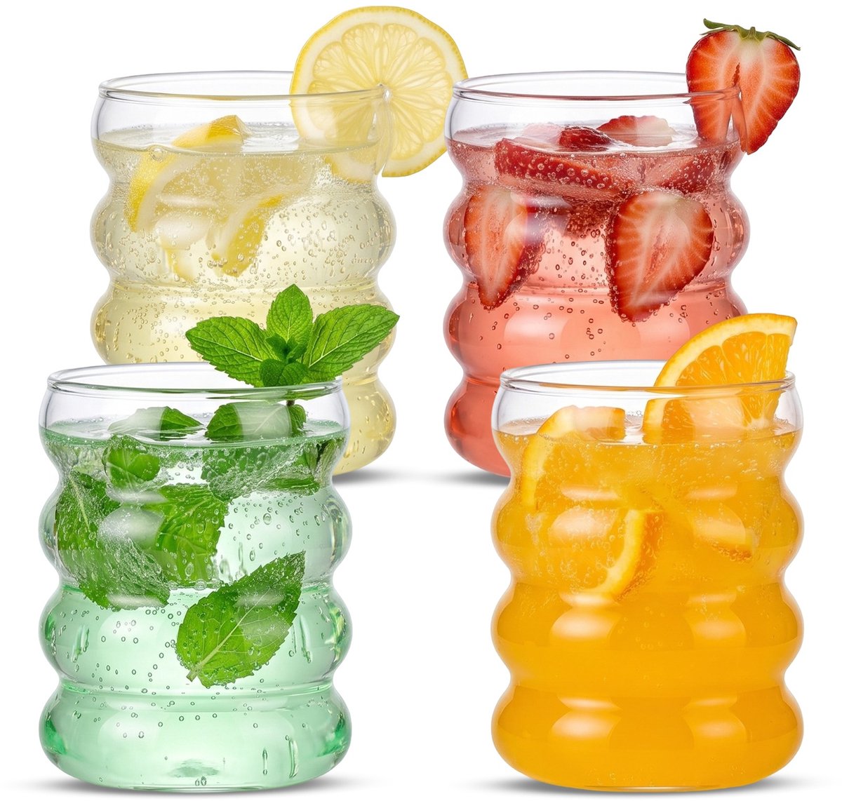Fyndery® Matcha Glazen Set 300 ml – 4x Borosilicaat Glazen met Kuiltje – Inclusief Glazen Rietjes & Reinigingsborstels – Matcha Glazen, Koffieglazen, Theeglazen & Sapglazen