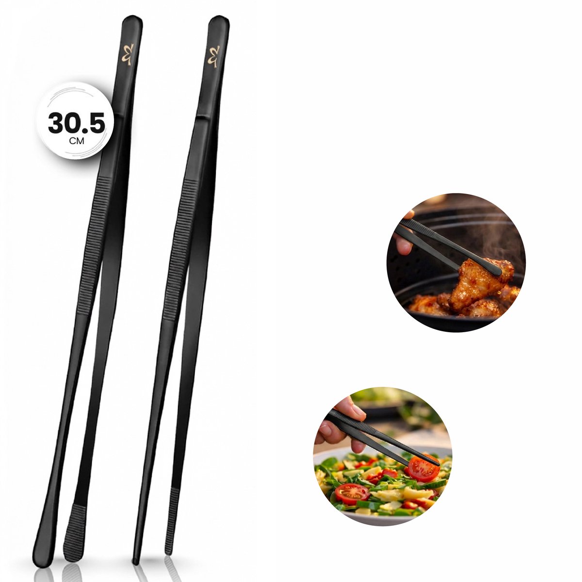 Keukenpincet RVS Set 2 Stuks – 30,5 cm – Pointed & Round – Vleestang & Keukentang voor BBQ en Dagelijks Gebruik - Zwart